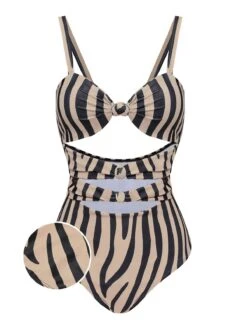 [Pre-sale] Brown Zebra Print Cutout One-Piece Swimsuit