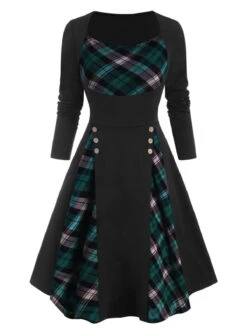 Black 1950s Plaid Patchwork Swing Dress