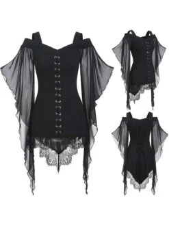 Black 1950s Halloween Bat Sleeve Lace Top