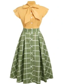 2PCS 1950s Bow Plaid Blouse & Skirt