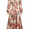 1940s Rose V-Neck Long Sleeves Dress