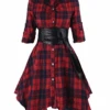 [Plus Size] 1950s 3/4 Sleeve Plaid Belt Long Tops