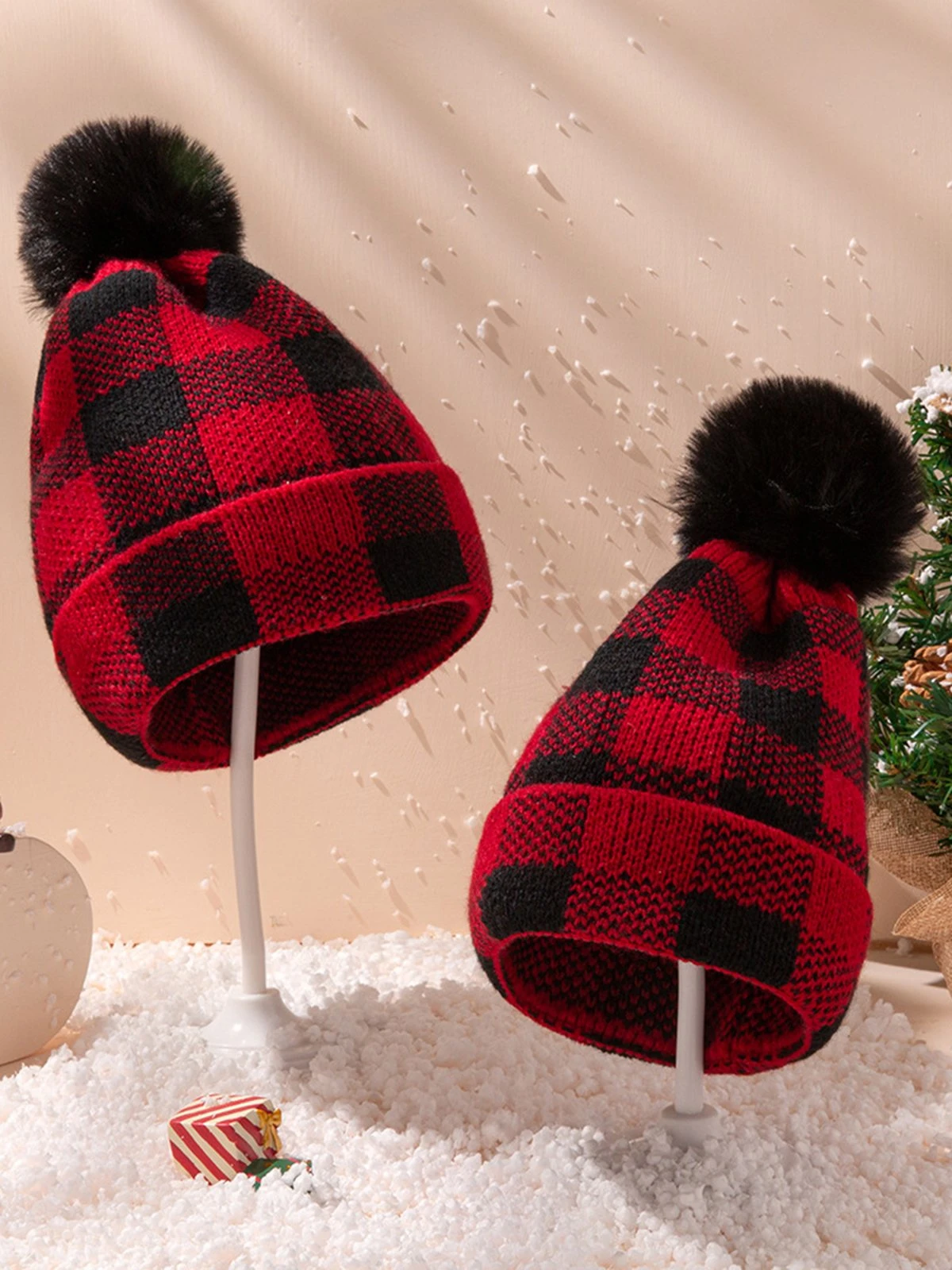 Red & Black Plaid Hairball Knitted Child Hat - Image 4