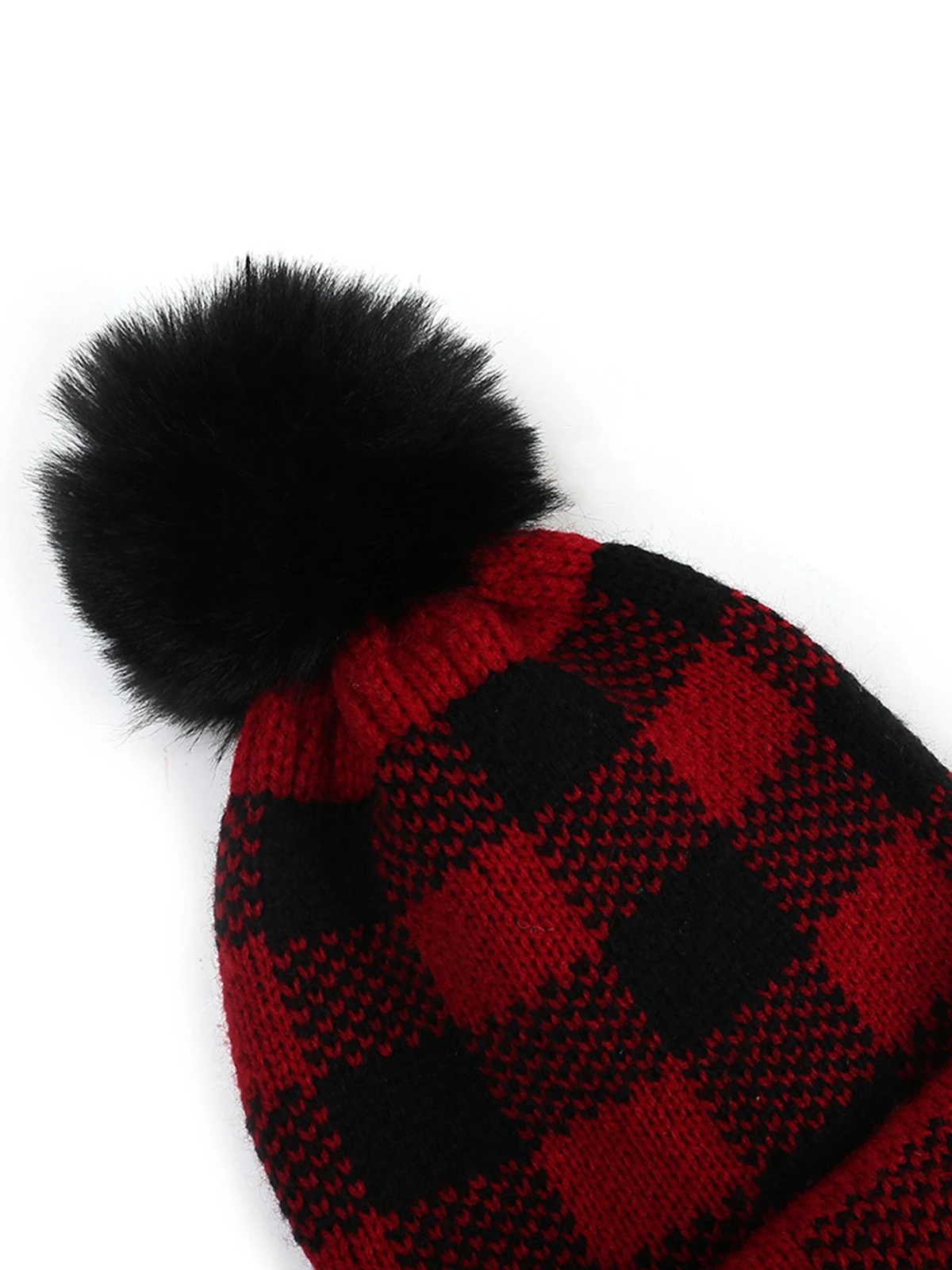 Red & Black Plaid Hairball Knitted Child Hat - Image 2