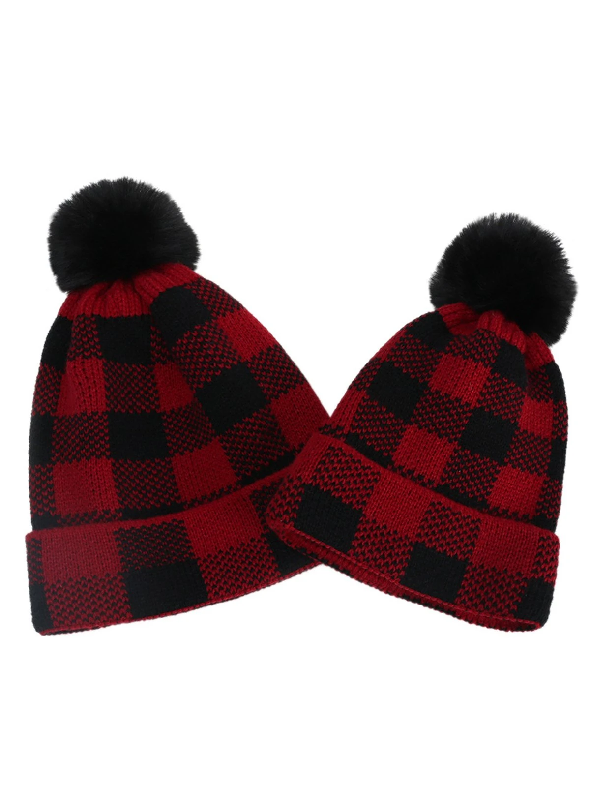 Red & Black Plaid Hairball Knitted Child Hat - Image 6