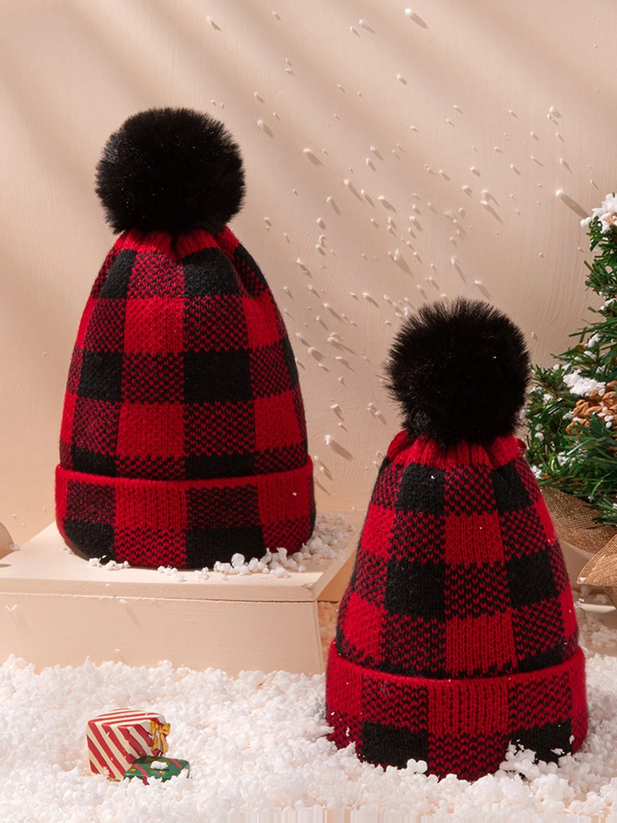 Red & Black Plaid Hairball Knitted Child Hat - Image 7