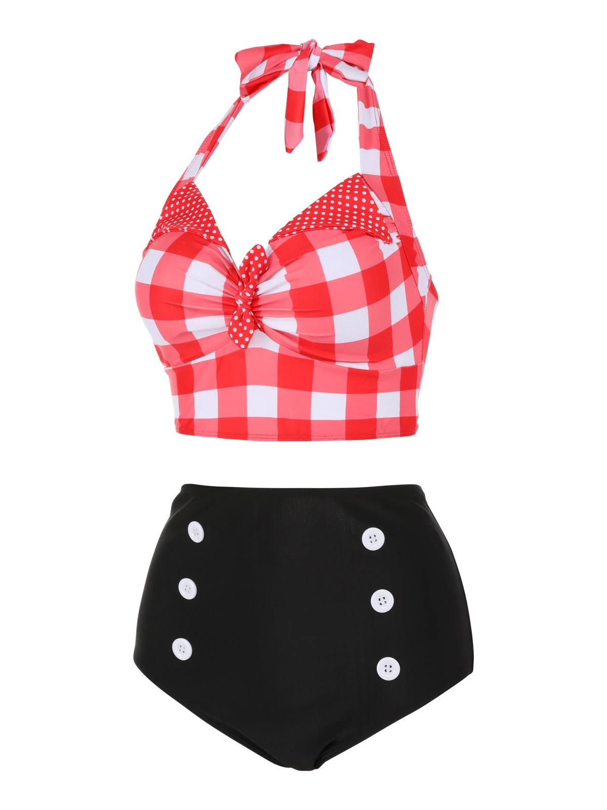 Red 1950s Plaid Halter Bikini Set - Image 3