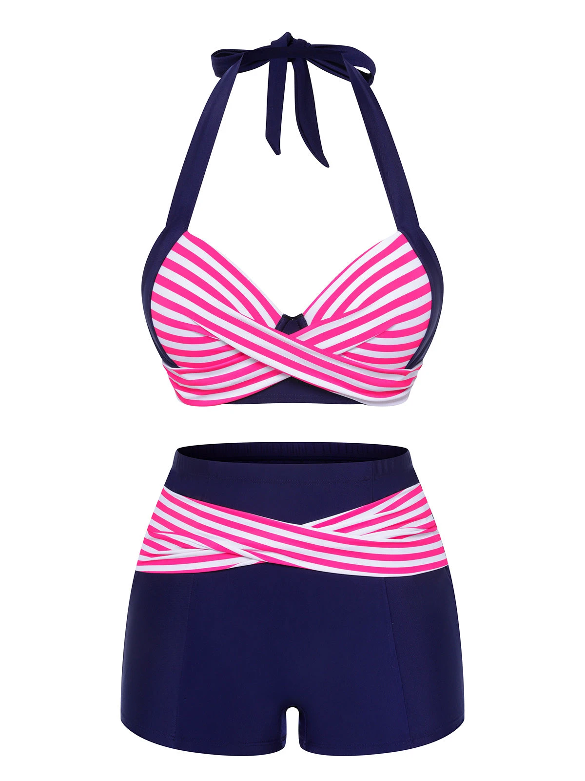 Pink & Blue 1950s Striped Halter Swimsuit - Image 2