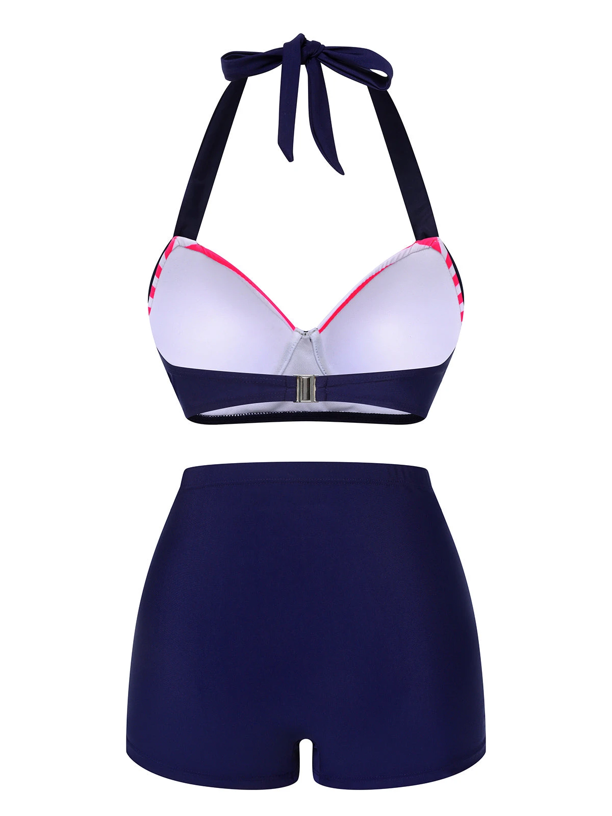 Pink & Blue 1950s Striped Halter Swimsuit - Image 4