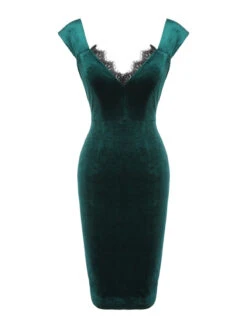 Green 1960s Velvet Lace Patchwork Dress