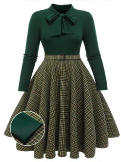 [Plus Size] Dark Green 1950s Plaid Knitting Dress