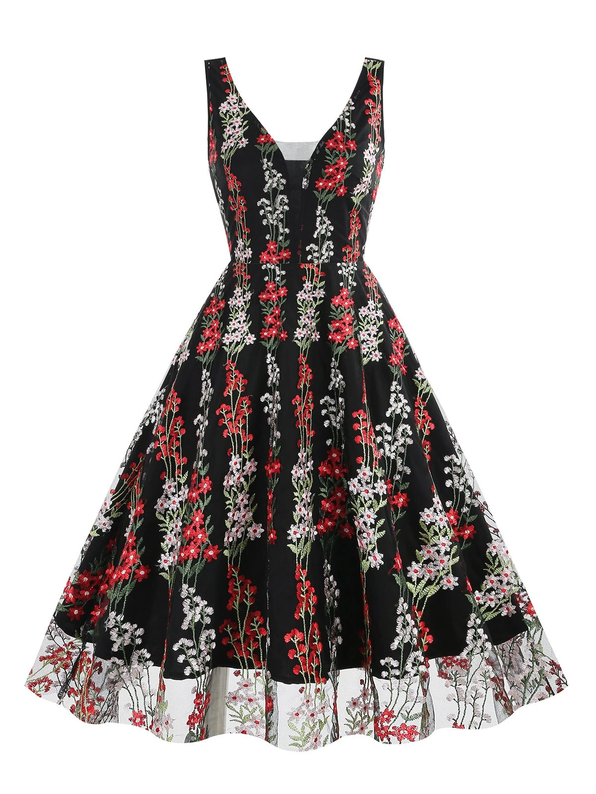1950s Embroidered Floral V-Neck Swing Dress - Image 12
