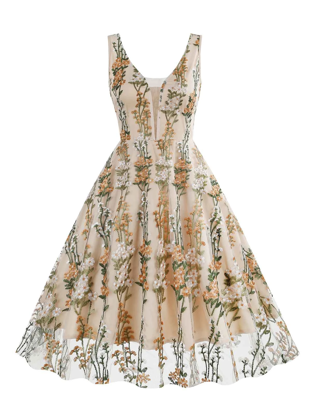 1950s Embroidered Floral V-Neck Swing Dress - Image 15
