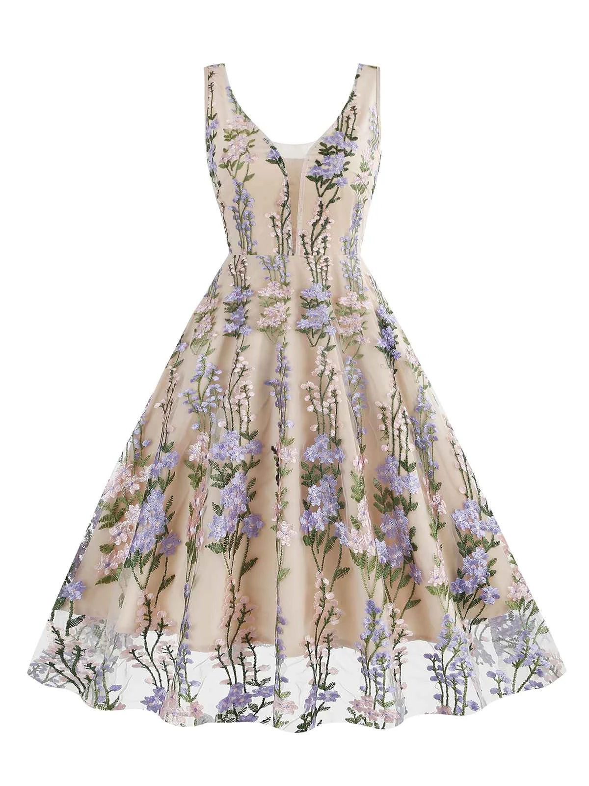 1950s Embroidered Floral V-Neck Swing Dress - Image 18