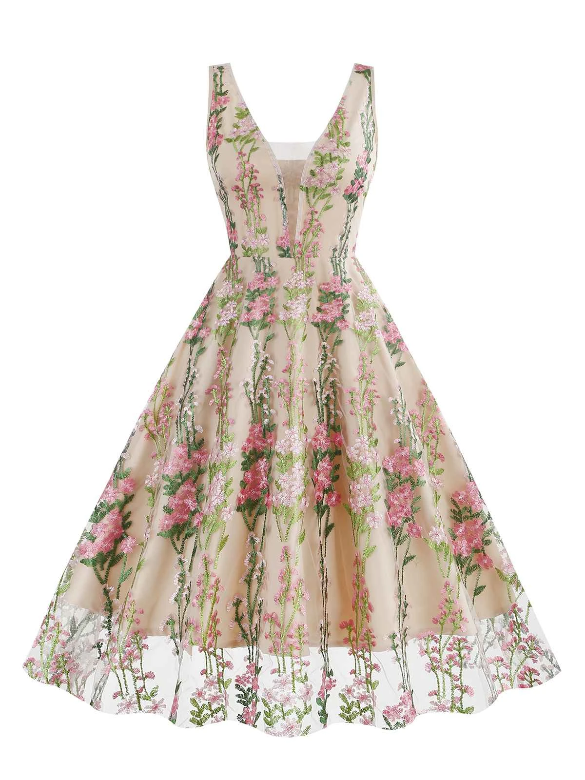 1950s Embroidered Floral V-Neck Swing Dress - Image 9