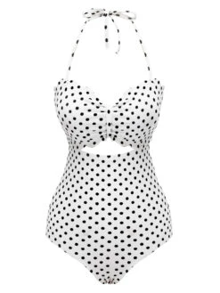 White 1940s Polka Dot Lace Up Halter Swimsuit
