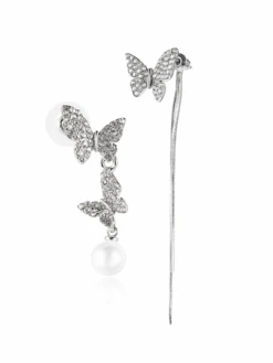 Butterfly Diamond Pearl Asymmetric Earrings