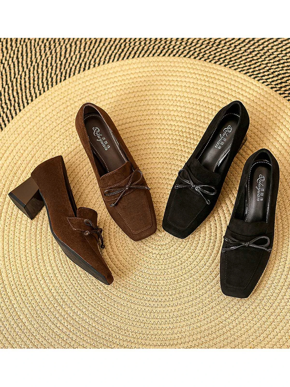 Retro Bow Square Toe High Heels Shoes - Image 14