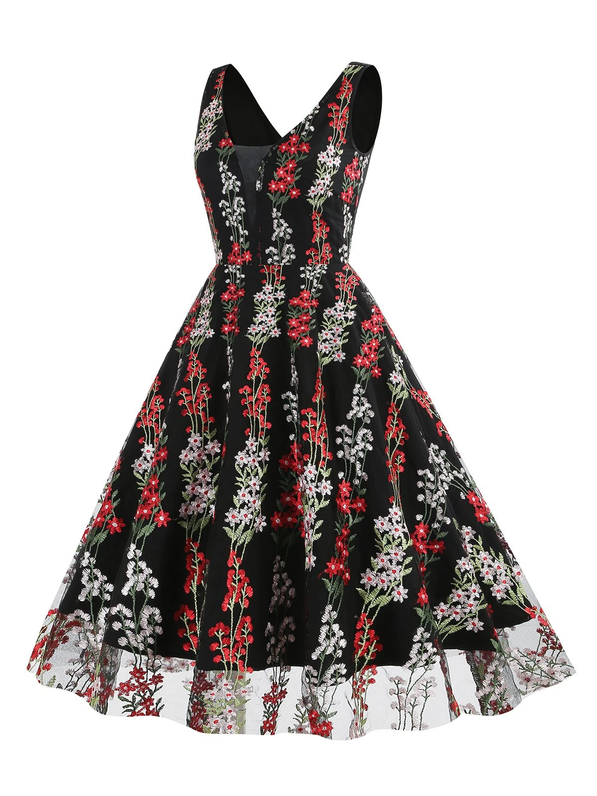 1950s Embroidered Floral V-Neck Swing Dress - Image 13