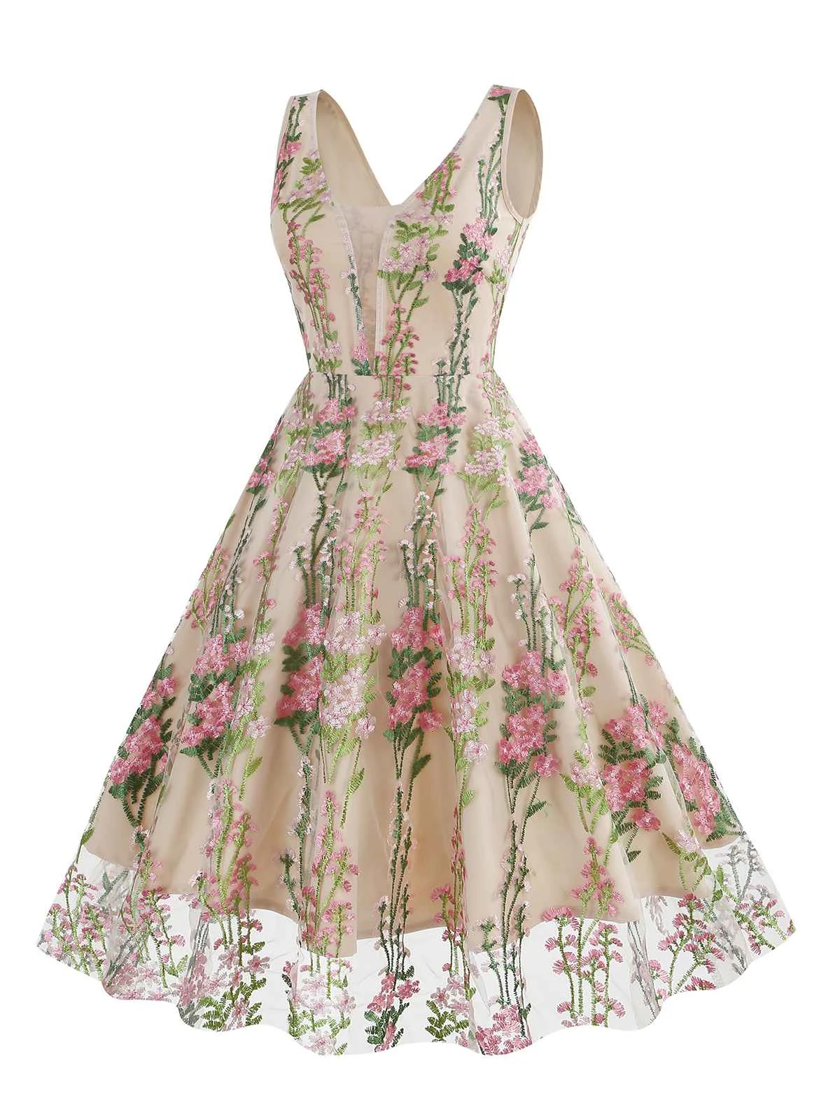 1950s Embroidered Floral V-Neck Swing Dress - Image 10
