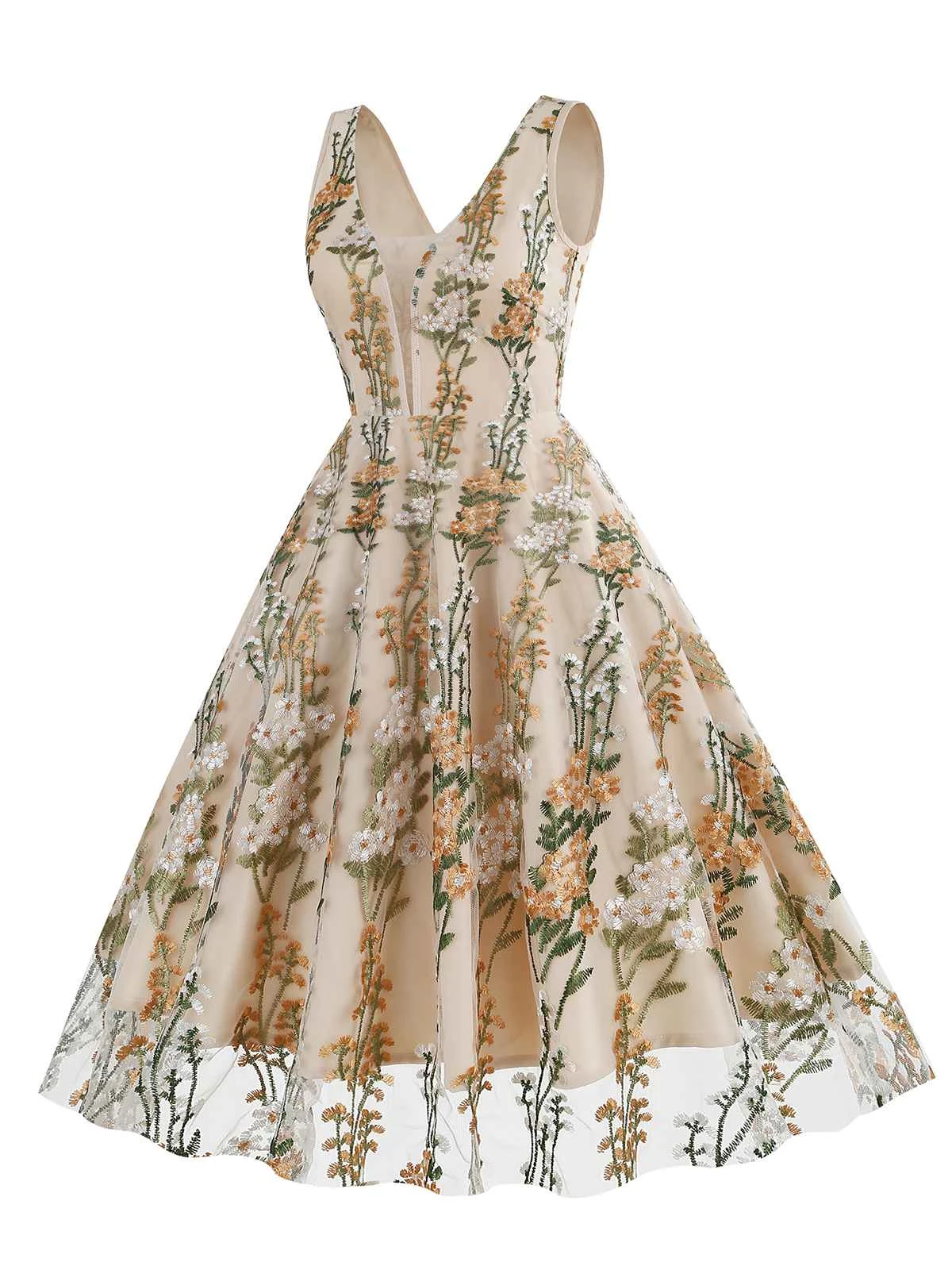 1950s Embroidered Floral V-Neck Swing Dress - Image 16