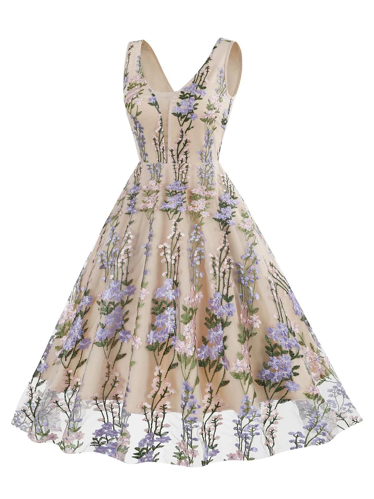 1950s Embroidered Floral V-Neck Swing Dress - Image 19