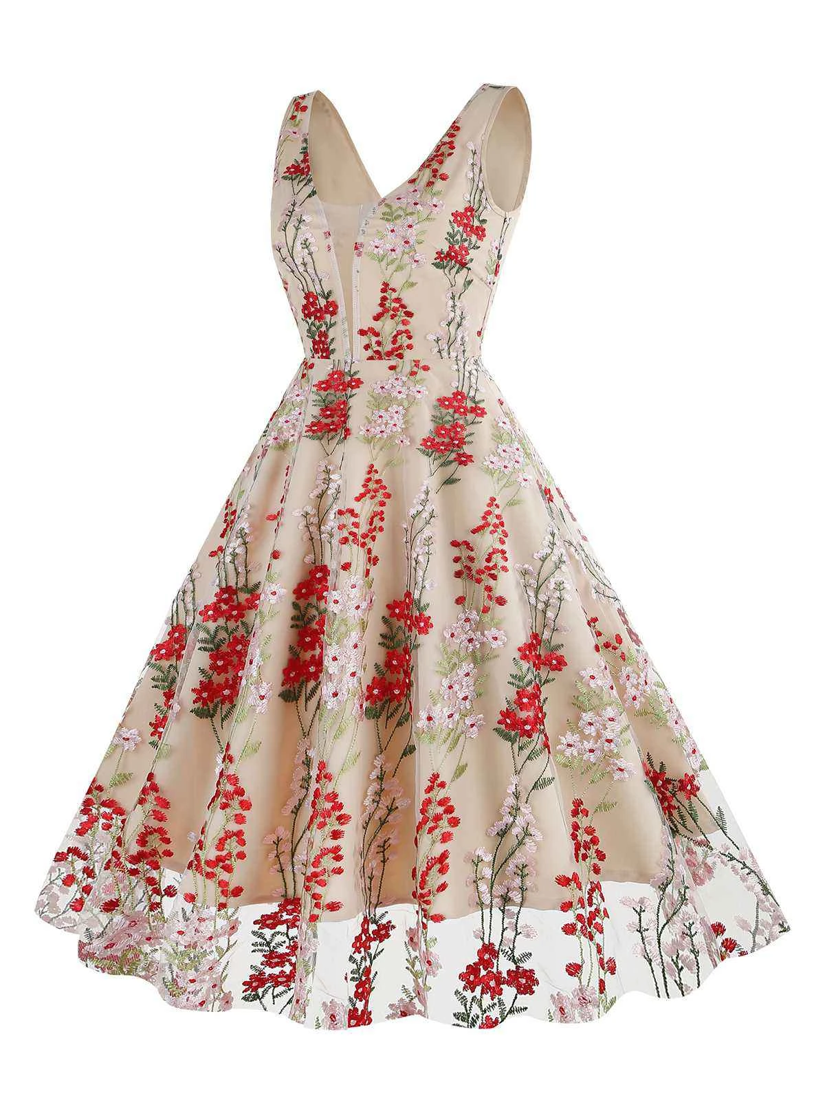 1950s Embroidered Floral V-Neck Swing Dress - Image 2