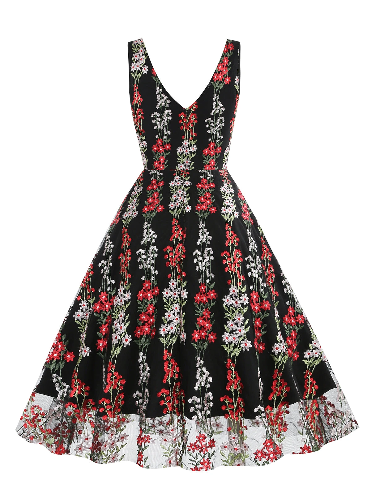 1950s Embroidered Floral V-Neck Swing Dress - Image 14