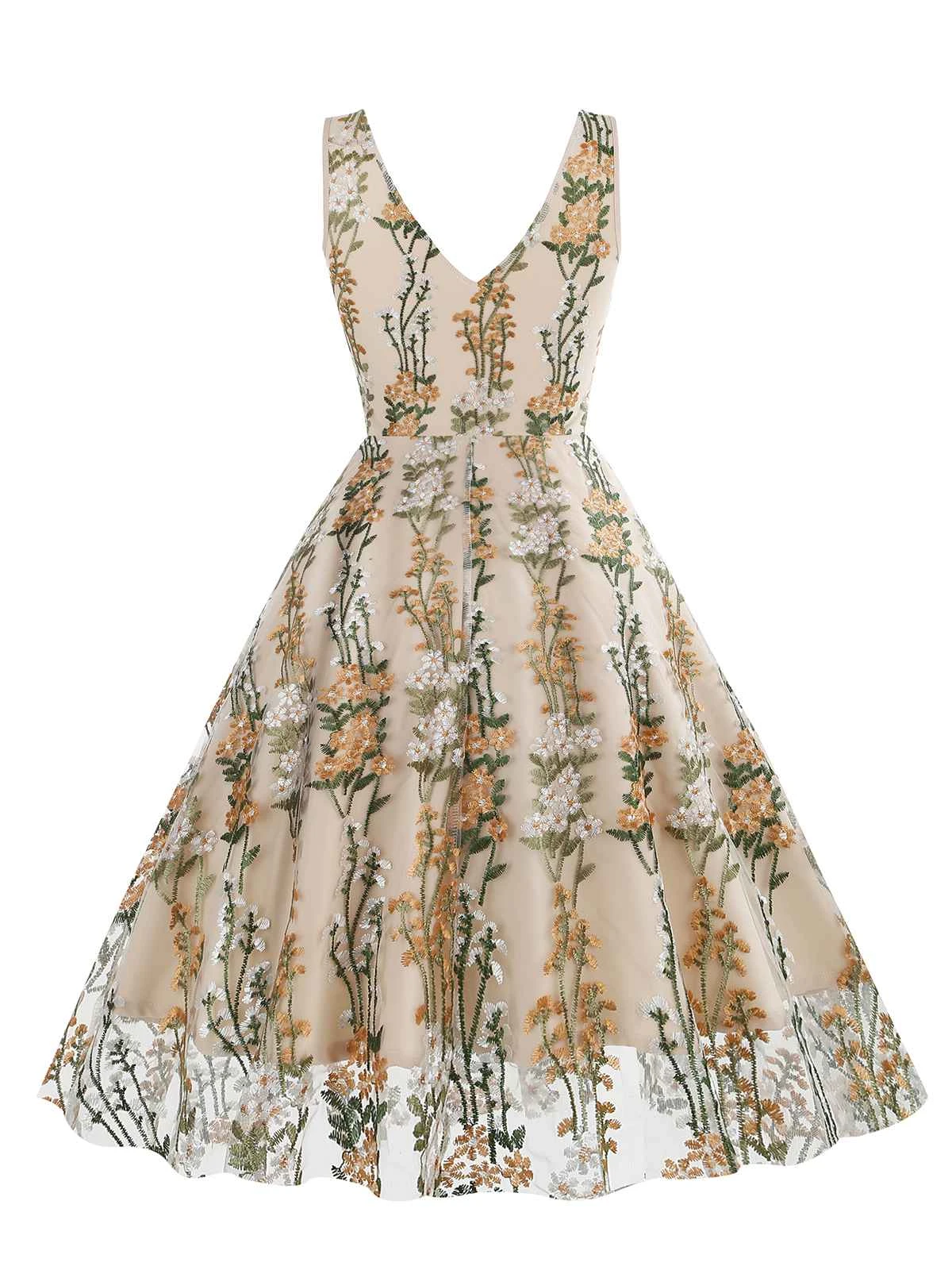 1950s Embroidered Floral V-Neck Swing Dress - Image 17
