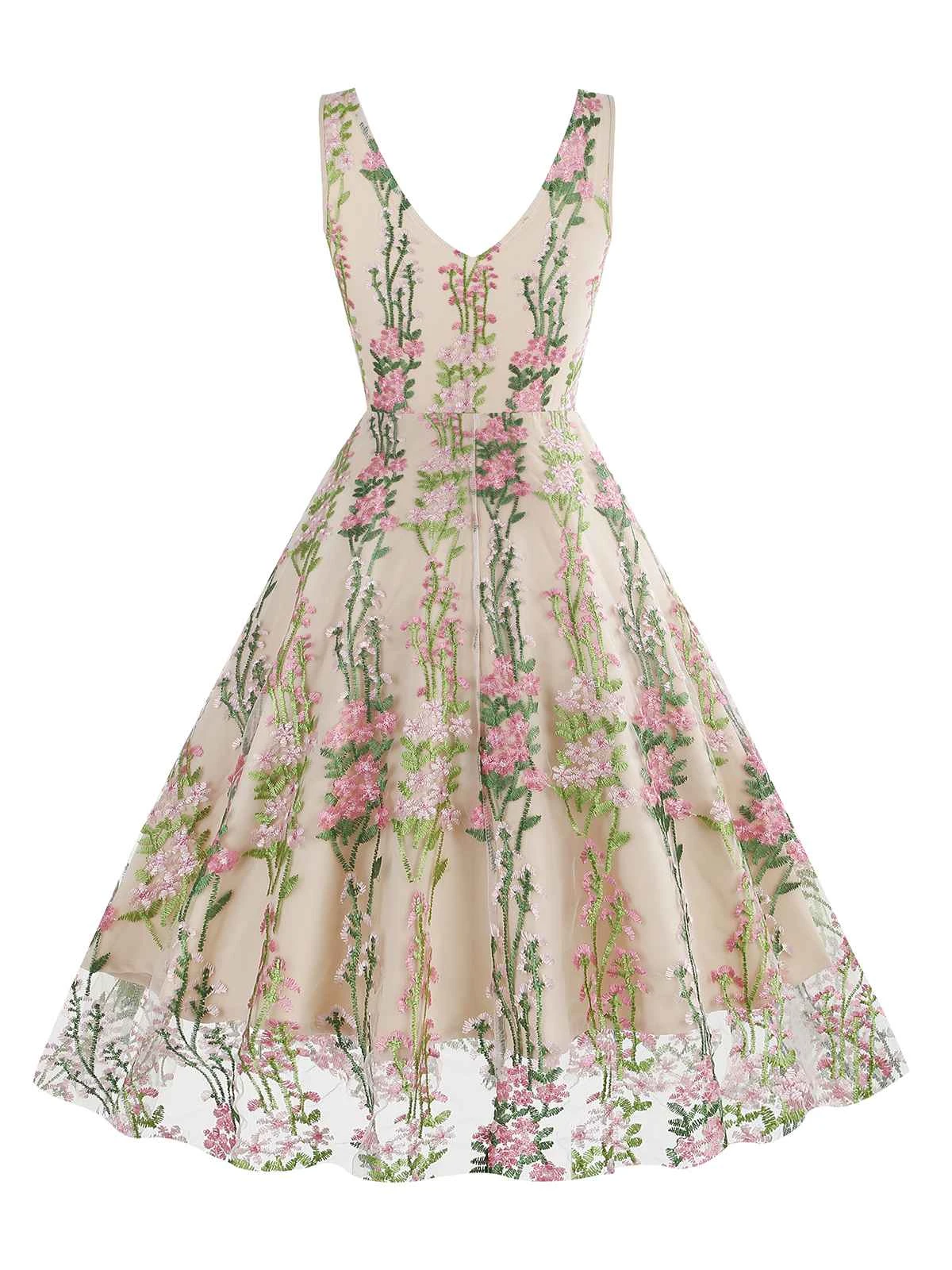 1950s Embroidered Floral V-Neck Swing Dress - Image 11