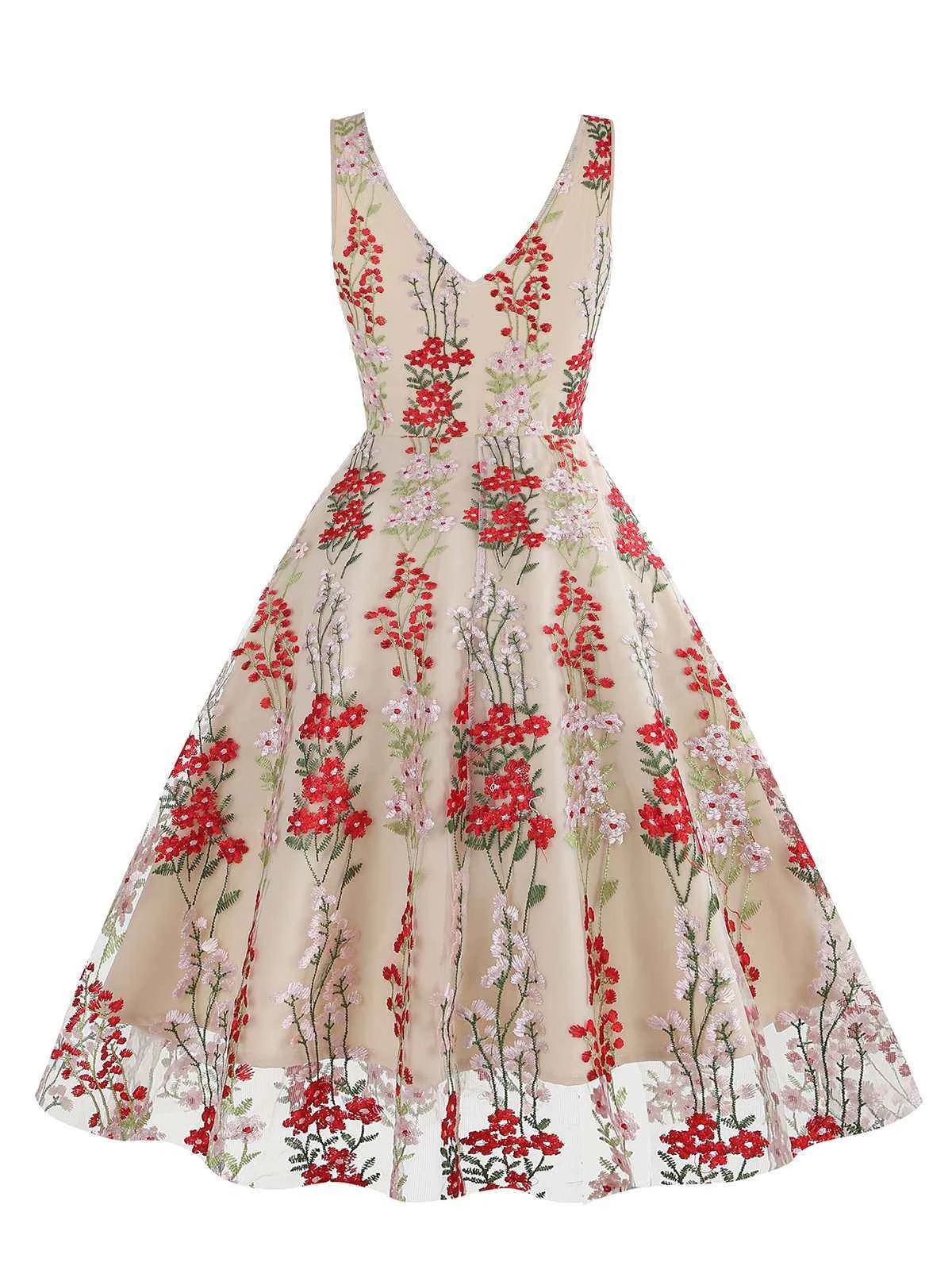 1950s Embroidered Floral V-Neck Swing Dress - Image 3