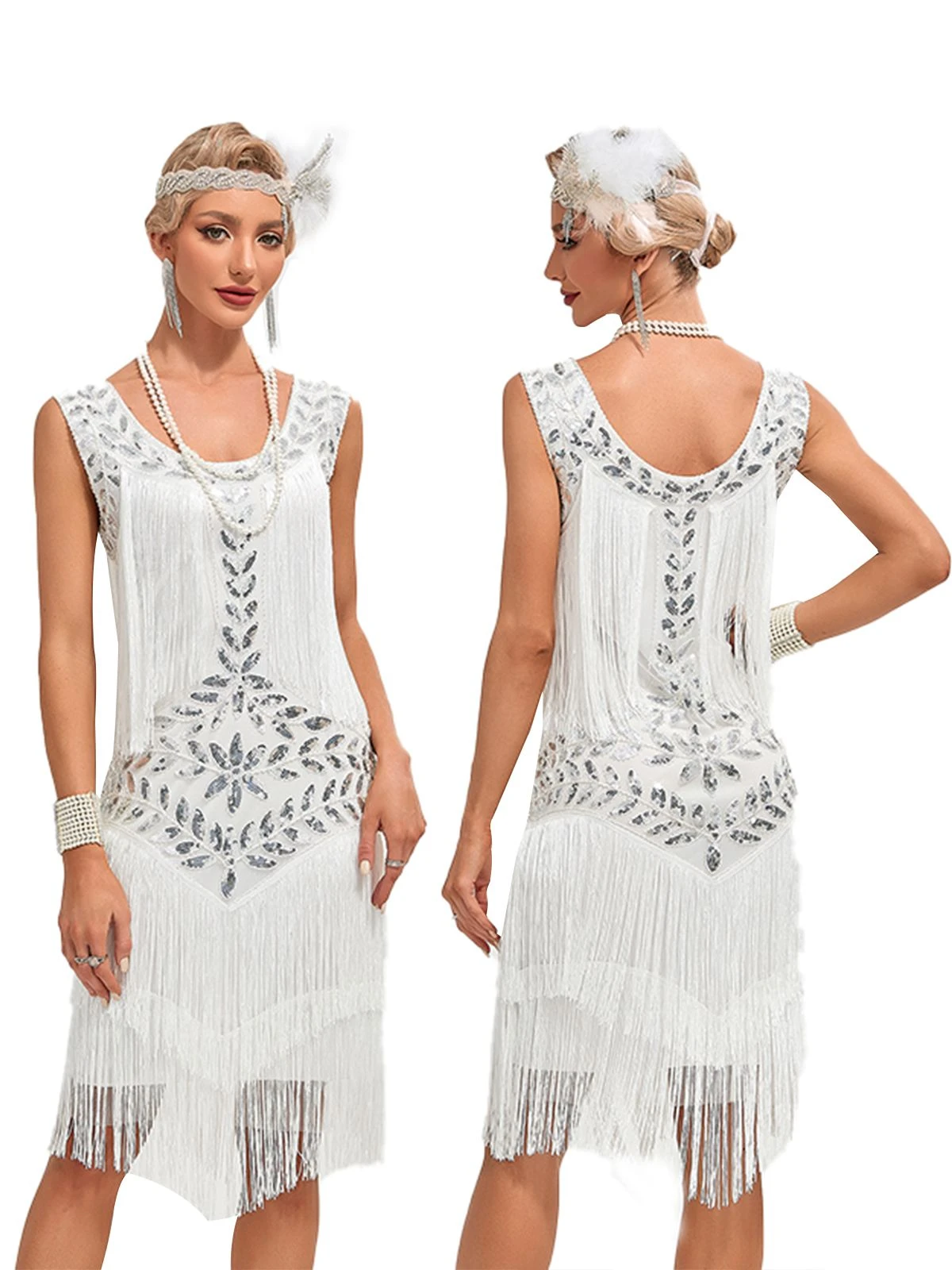 1920s V-Neck Sequined Mesh Mermaid Dress - Image 3