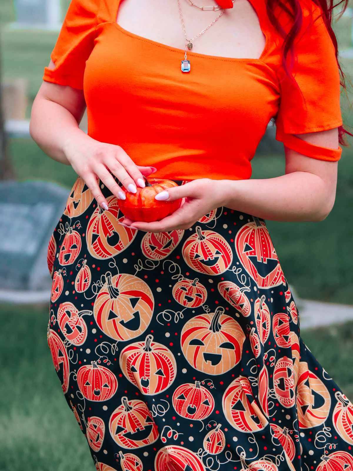 Orange 1950s Halloween Pumpkin Swing Dress - Image 2