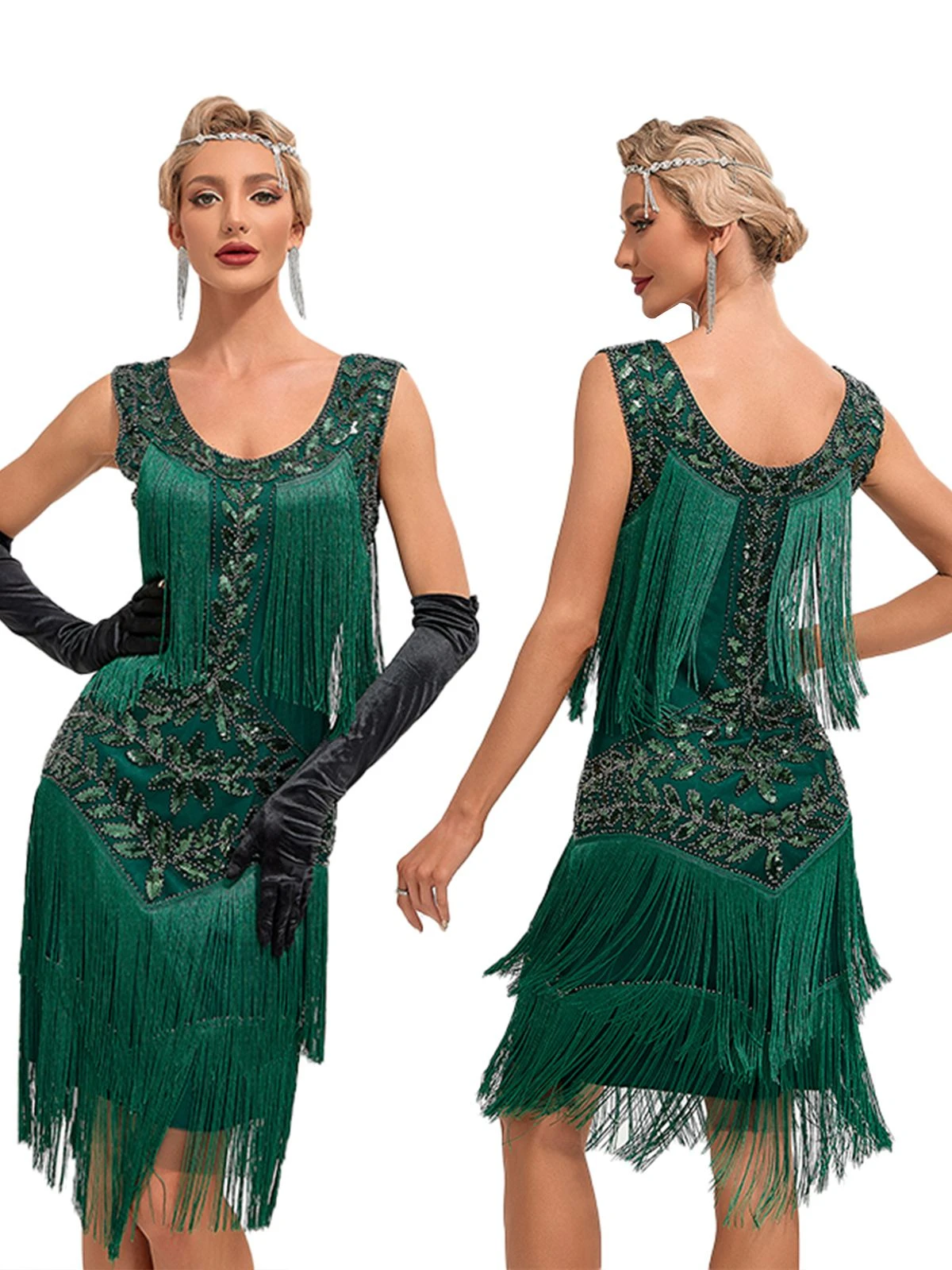 1920s V-Neck Sequined Mesh Mermaid Dress - Image 4