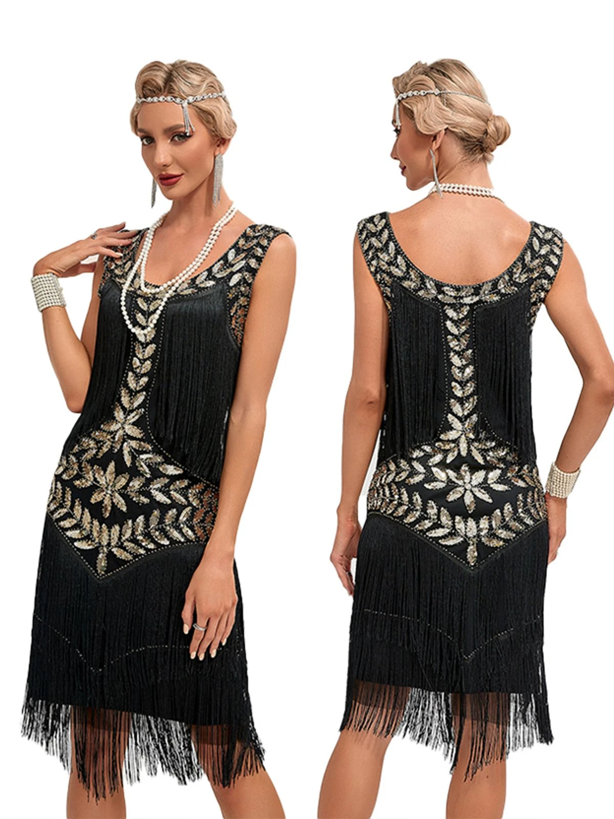 1920s V-Neck Sequined Mesh Mermaid Dress - Image 2