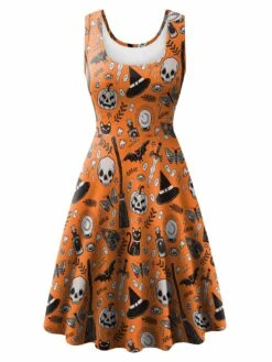 1950s Halloween Sleeveless Pumpkin Skull Dress