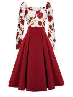 2PCS Red 1960s Rose Blouse & Pleated Skirt