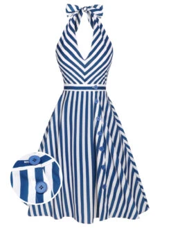 [Pre-Sale] 2PCS Blue 1940s Stripe Halter Romper & Skirt