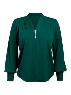 1930s Retro Solid V-neck Puff Sleeve Blouse