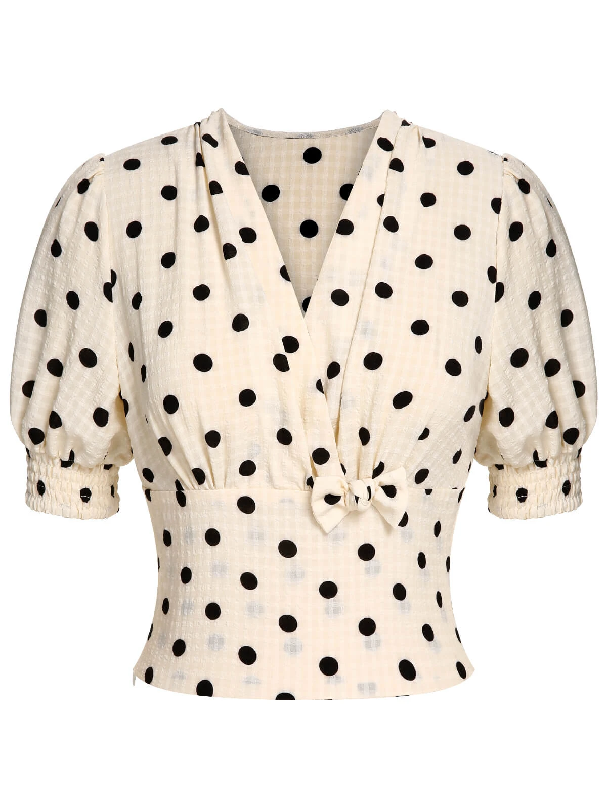 Beige 1940s Dots Bowknot V-Neck Blouse - Image 2