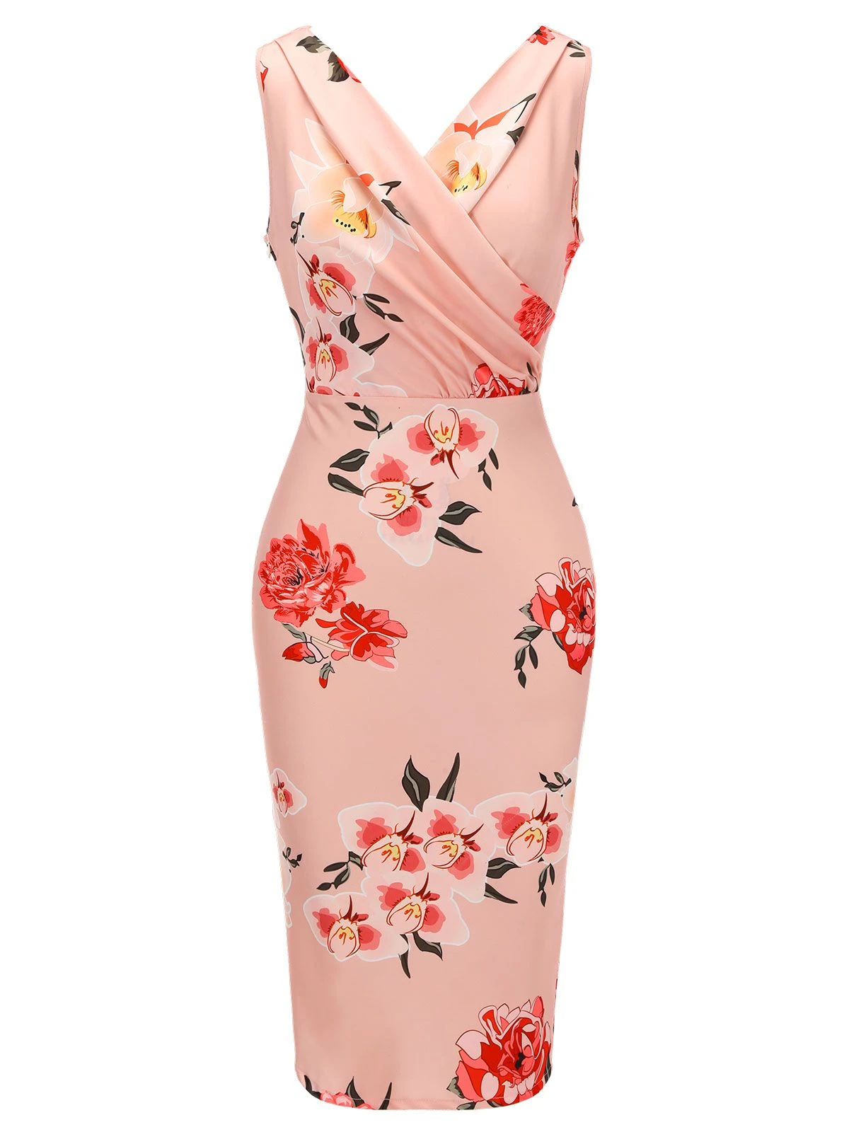 Pink 1950s V-neck Wrap Floral Pencil Dress - Image 2