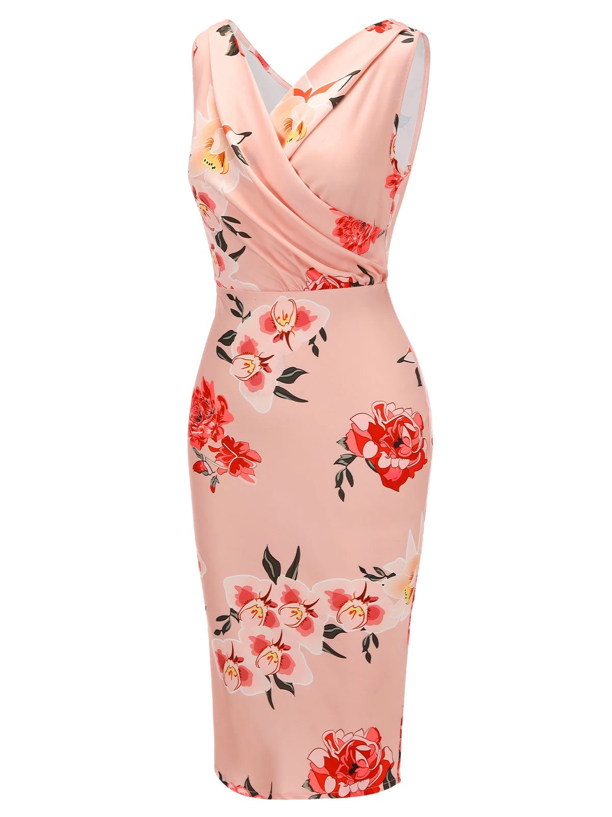 Pink 1950s V-neck Wrap Floral Pencil Dress - Image 3