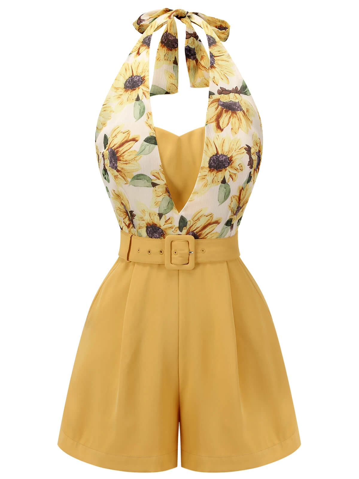 Yellow 1950s Sunflower Halter Romper - Image 3