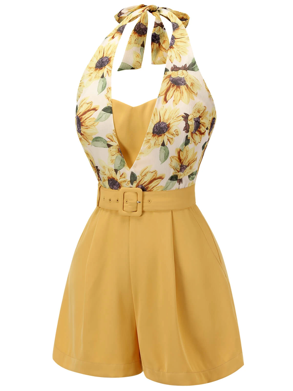 Yellow 1950s Sunflower Halter Romper - Image 4