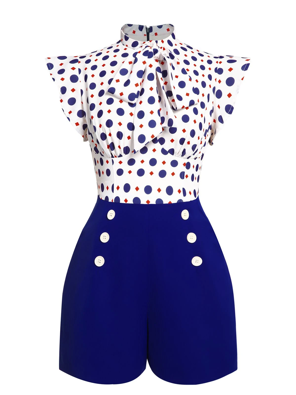 Blue 1950s Polka Dot Buttoned Romper - Image 2