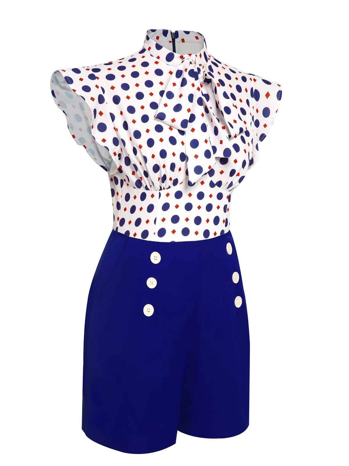 Blue 1950s Polka Dot Buttoned Romper - Image 3