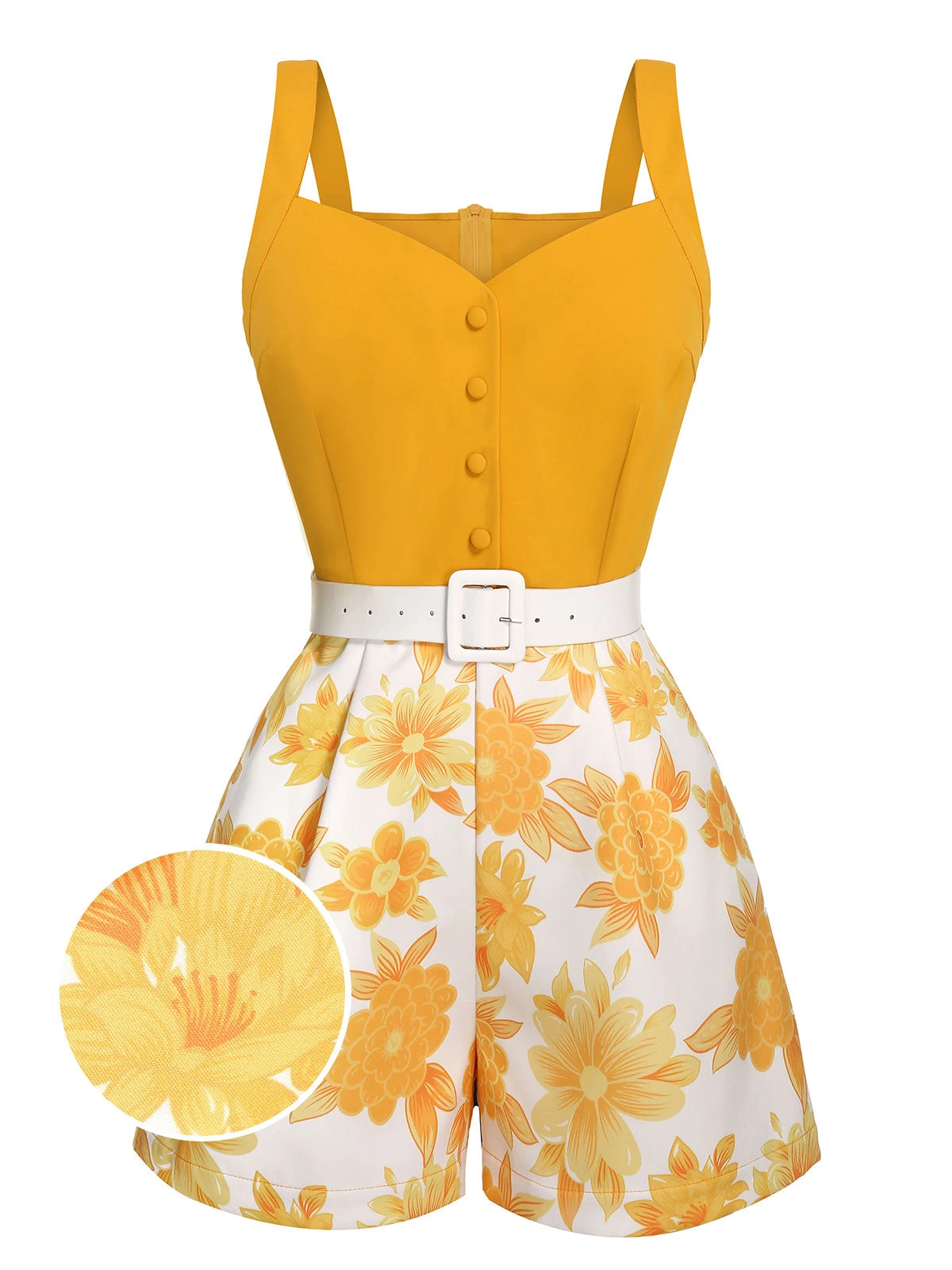 Yellow 1950s Spaghetti Strap Floral Romper