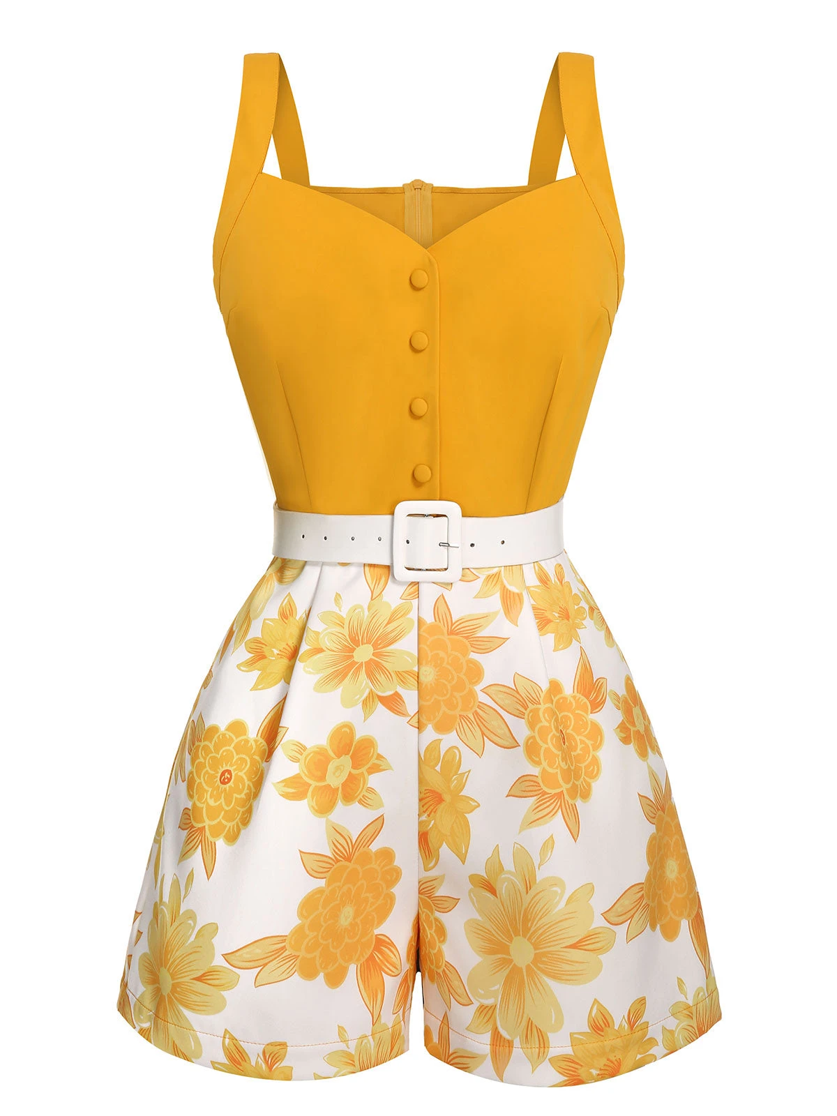 Yellow 1950s Spaghetti Strap Floral Romper - Image 2