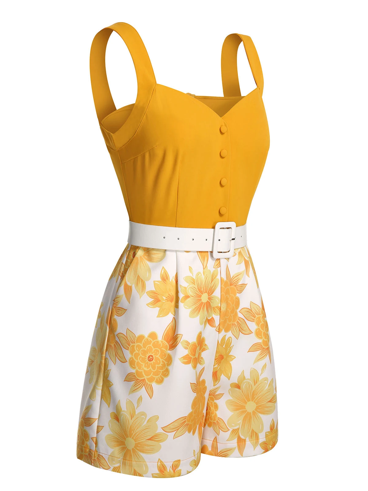 Yellow 1950s Spaghetti Strap Floral Romper - Image 3