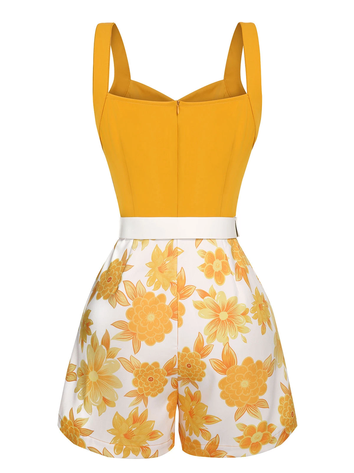 Yellow 1950s Spaghetti Strap Floral Romper - Image 4